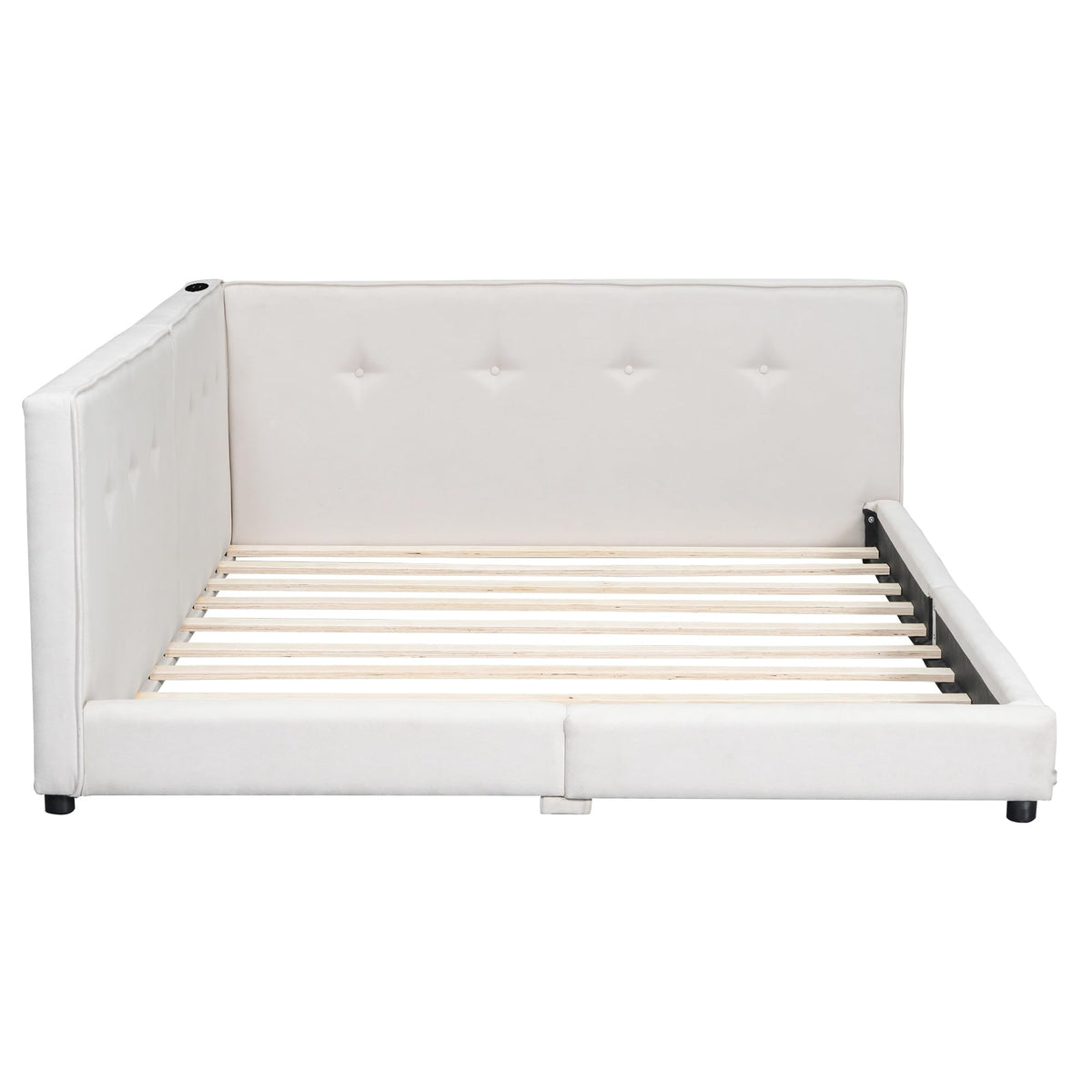 Merax Queen Size Modern Upholstered Platform Bed with USB Ports, Floor Daybed with Wood Slat Support/Queen,Beige