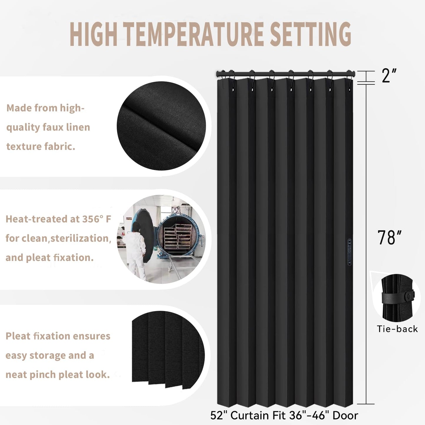Vatge Doorway Curtains Privacy - Black Curtains for Closets Without Doors Room Divider for Doorway, Hanging Privacy Curtain Wall for Room Separation,1 Panel with Tieback, W52 x L78, Black