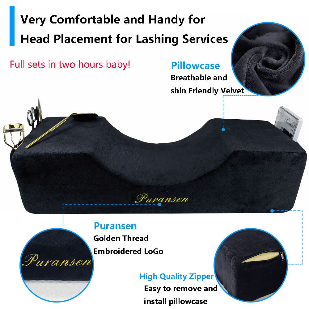 Puransen Eyelash Extension Pillow - Salon Memory Foam Neck Support with Velvet Cover, Portable Lash Technician Pillow for Professional Makeup Artists & Home Use (Black)