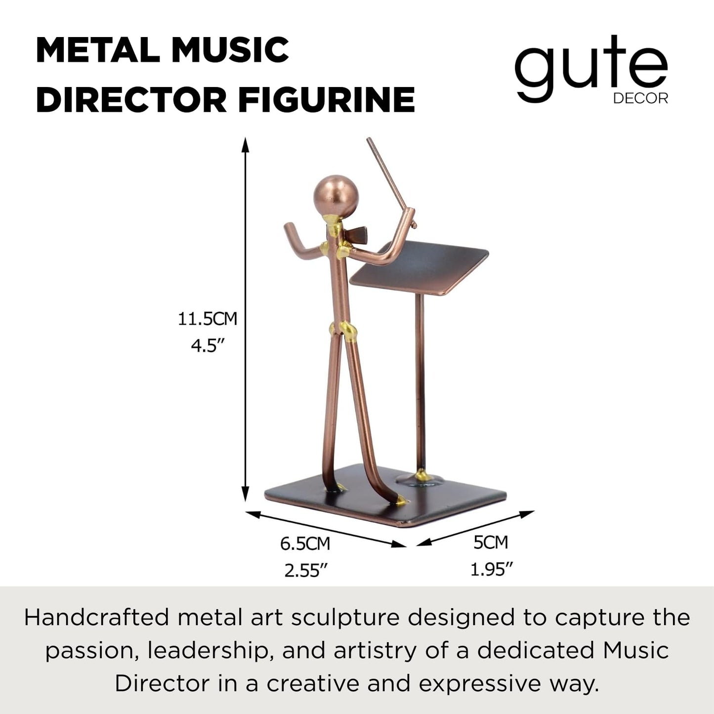 Metal Music Director Figurine – Handcrafted Copper Conductor Sculpture – Baton Maestro Ornament & Orchestra Statue – Classical Art Decor for Home Office Display – Unique Desktop Gift – 4.5 Inches Tall