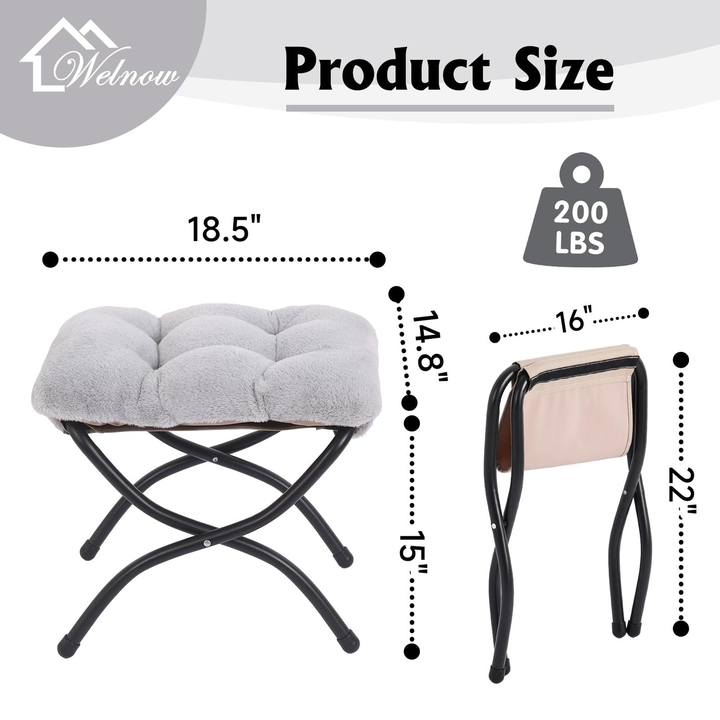 Welnow Folding Foot Stool, Upholstered Small Accent Ottoman with Detachable Thick Cotton Cushion Padded Sofa Stool and Metal Frame for Lazy Chair, Living Room, Bedroom, Plush Grey
