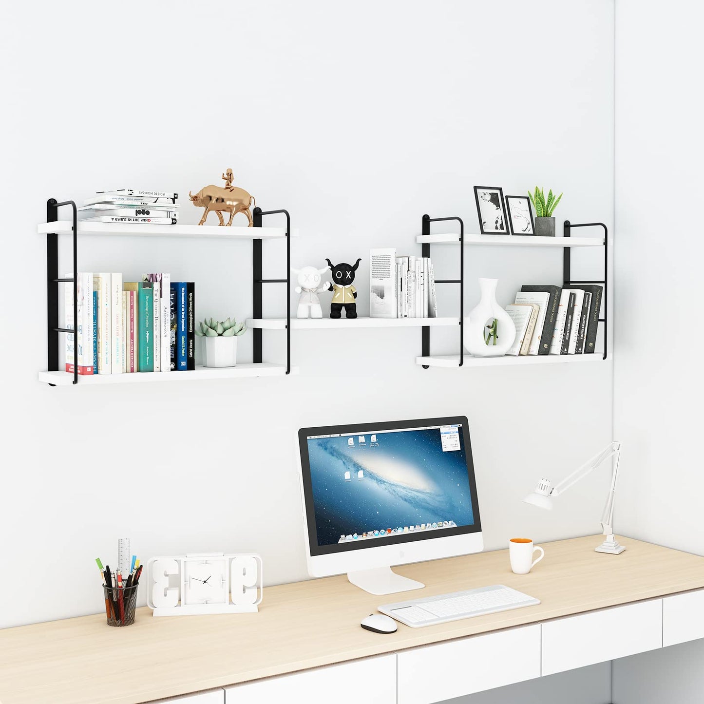 MXCSE Wall Shelves, Wall Mounted Bookshelves, DIY Floating Shelves for Wall, Wood Hanging Book Shelves for Room, Bedroom, Living Room, Easy Installation (White, 50W x 17H)