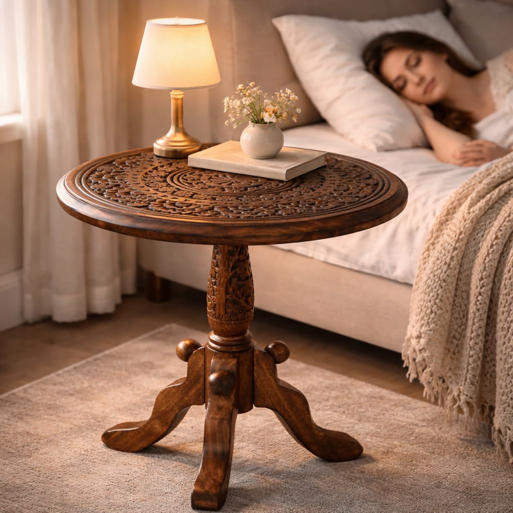 The Wooden Town Handcrafted Carved Round Side Table – 18x21 Inch Coffee Table for Living Room | Solid Wood Accent End Table with Pedestal Base | Altar Table for Home Décor