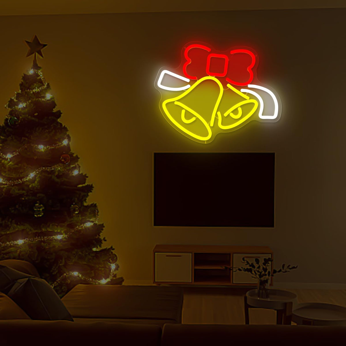 Christmas Neon Sign for Wall Decor Bell Shape Led Neon Signs Dimmable Jingle Bell Neon light for Bedroom Kids Room Bar Xmas Light up signs for Christmas Gifts Party Decor