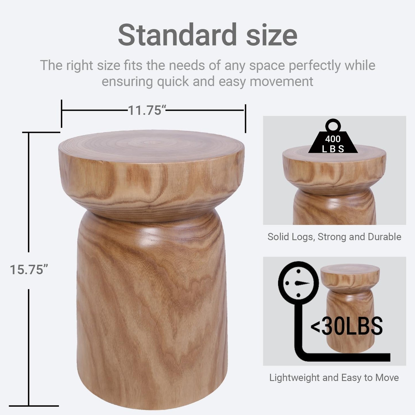 TORMAYS HOME Small Solid Wood Round Side Table, 15.75” H Tree Stump Accent Table, Rustic Farmhouse End Table for Living Room Bedroom, Fully Assembled