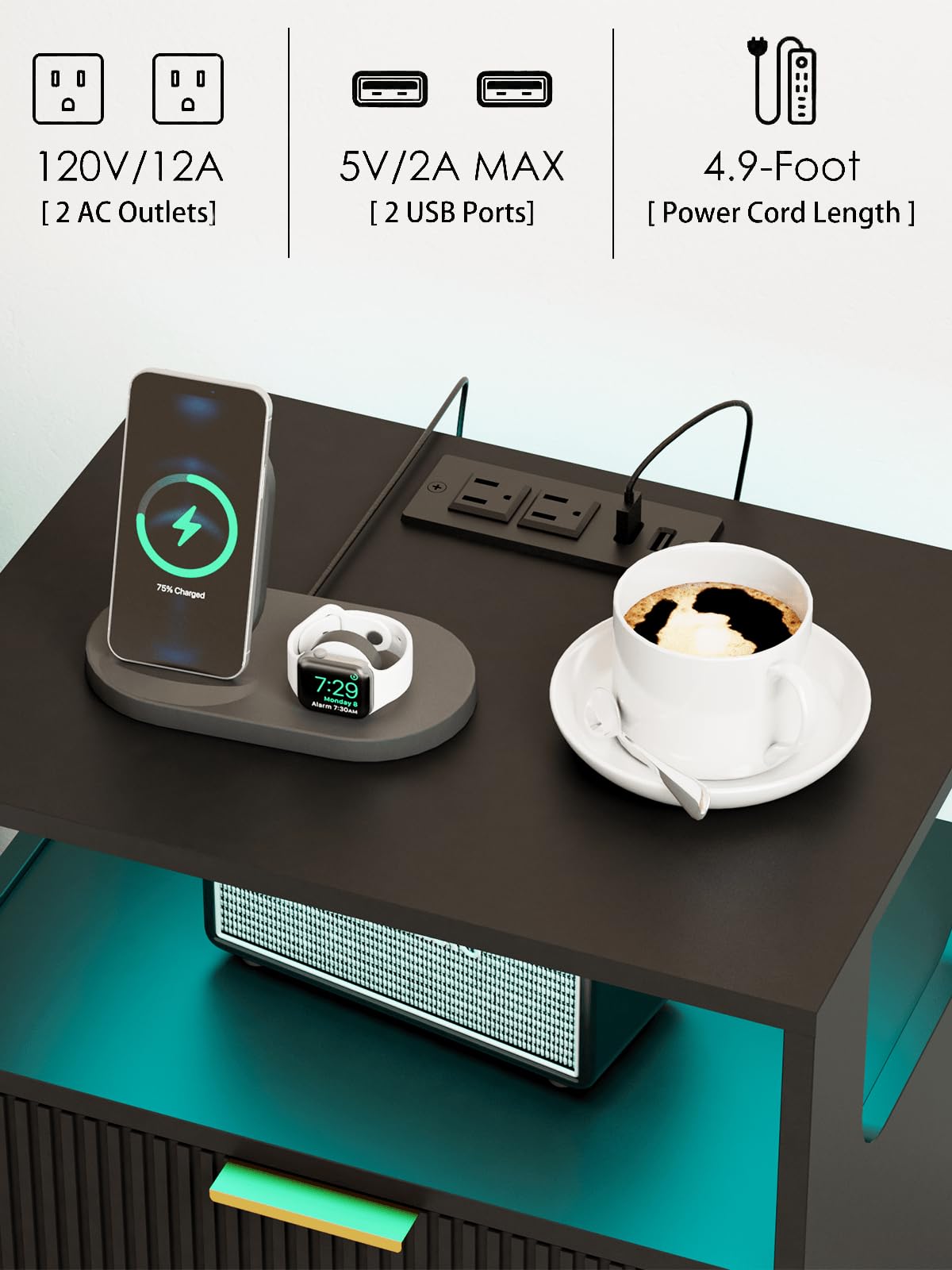 Leomonio Nightstand with Charging Station and LED Lights, Modern Bedside Table with 2 Storage Drawer and Open Wood Shelf for Bedroom and Small Spaces, Night Stand with Solid Wood Legs