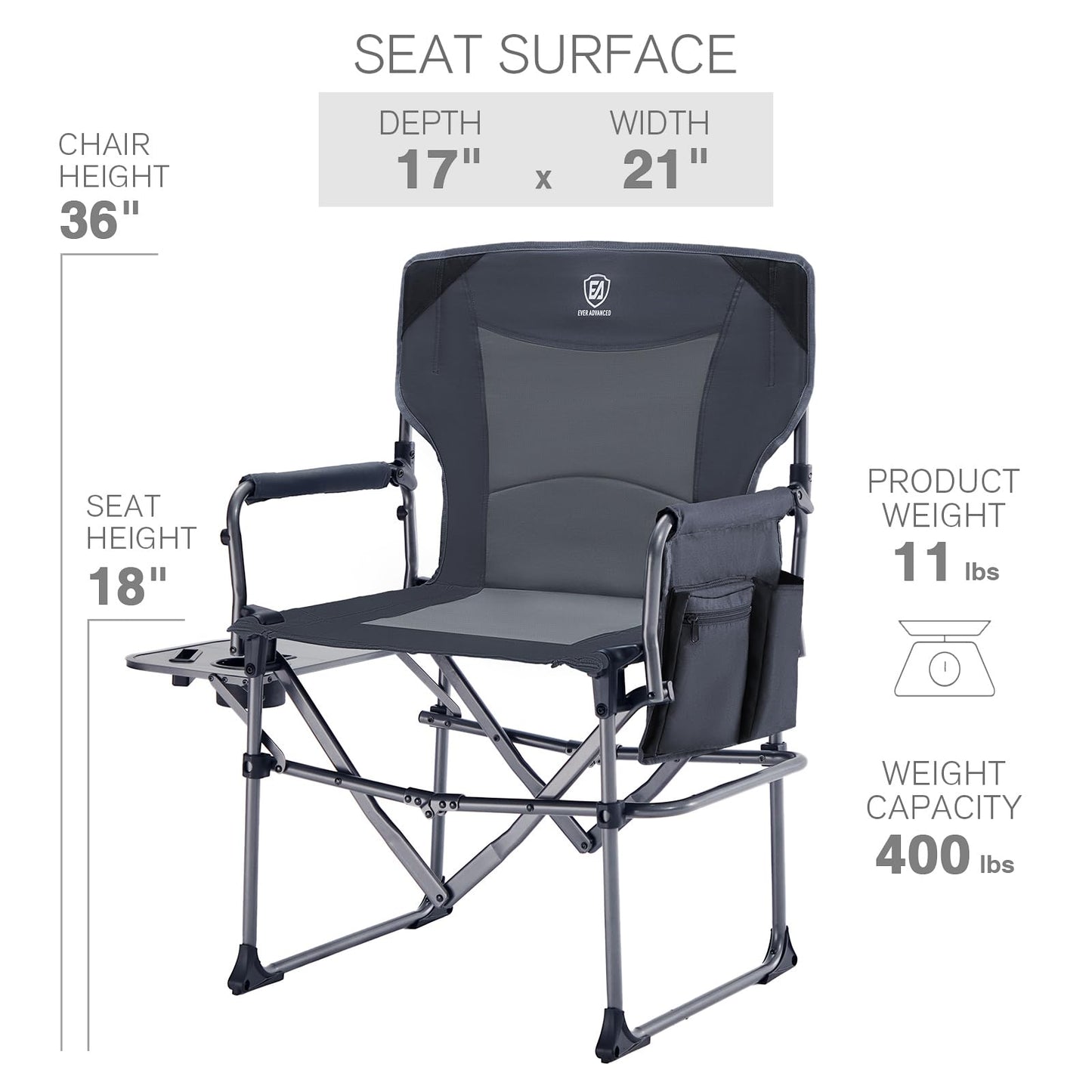 EVER ADVANCED Camping Directors' Chair with Side Table, Portable Folding Chair with Compact Size, Heavy Duty Lawn with Pocket for Camping, Lawn, Sports and Fishing, 400lbs, Grey