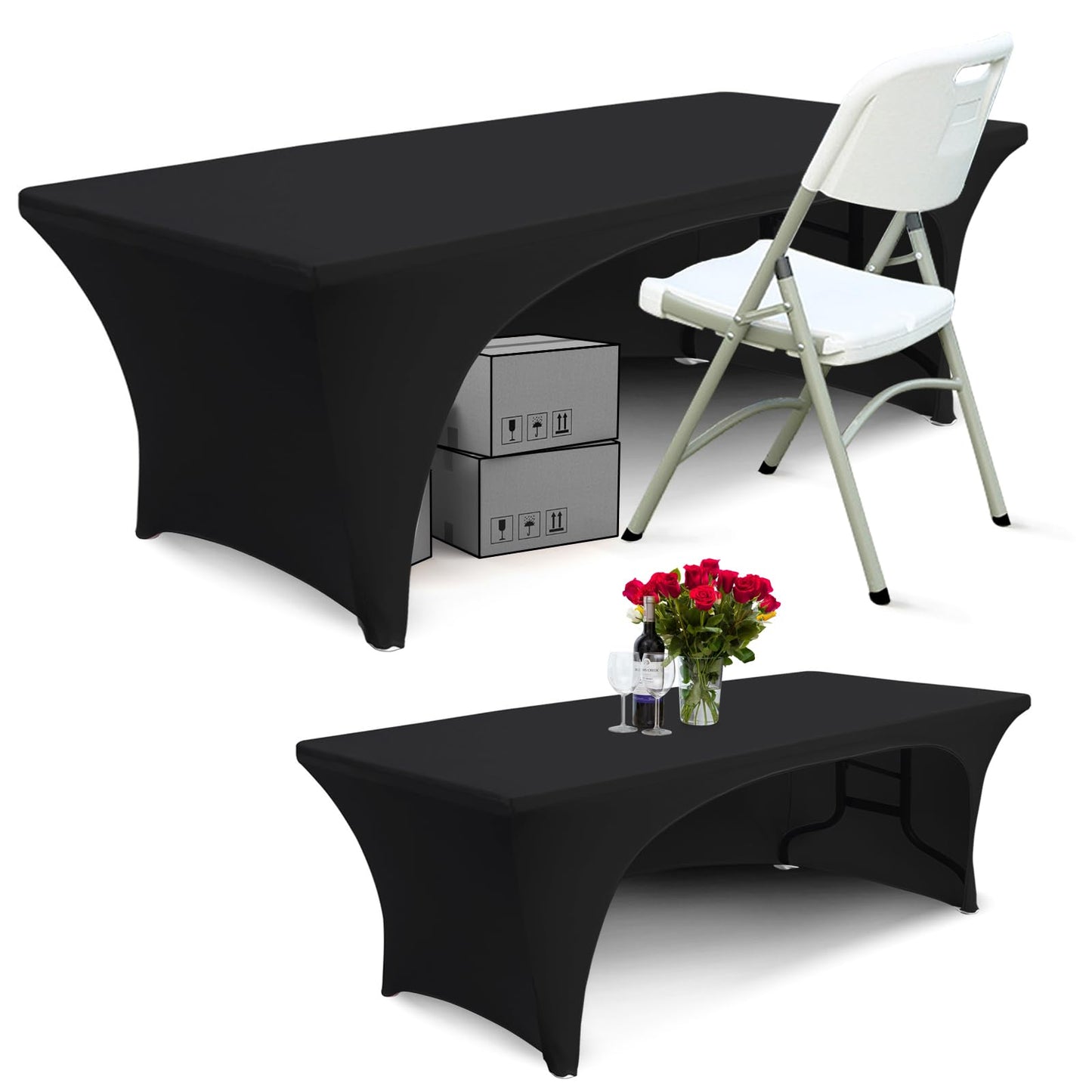 ABCCANOPY 2 Pack 4 ft Spandex Table Cover Open Back Fitted Tablecloth Stretch Washable Tablecover Table Topper for Rectangle Tables Black