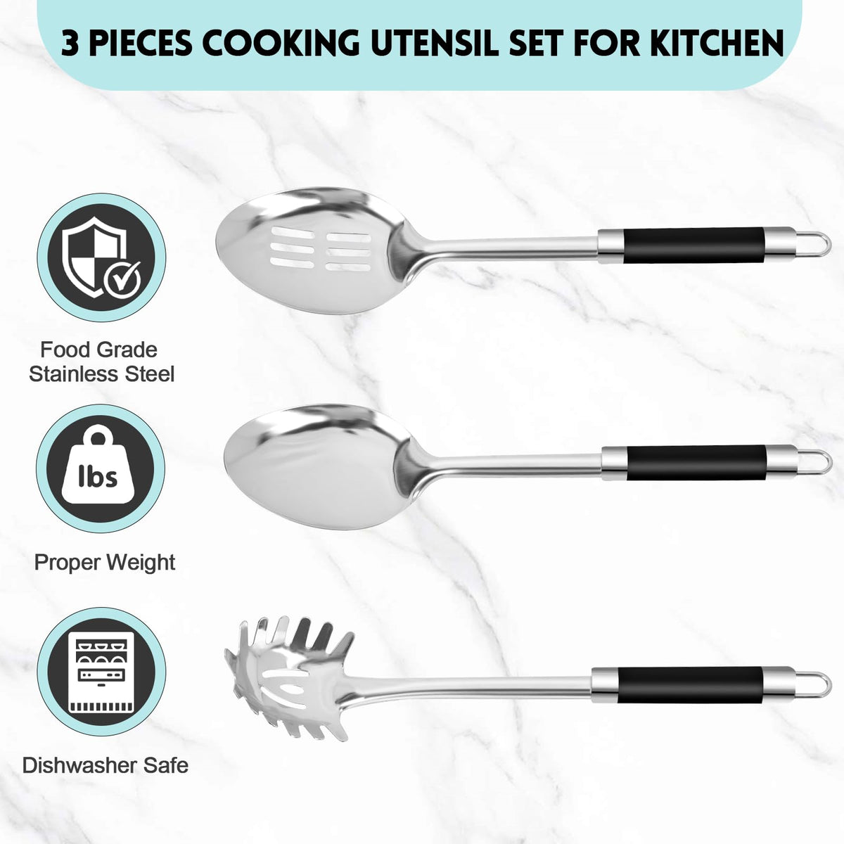 3-Piece,Stainless Steel Serving spoons set with Slotted Spoon, Serving and Spaghetti Spoon, kitchen cooking serving utensils set cooking spoon.