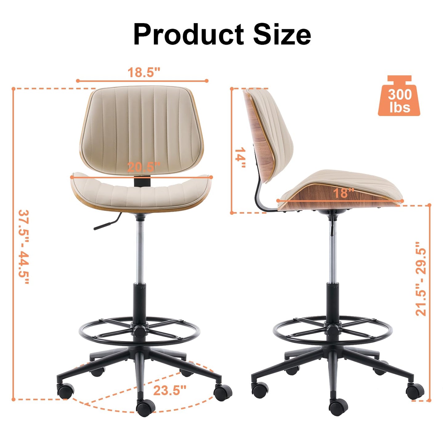 Rongbuk Drafting Chair, Ergonomic Office Chair with Walnut Wood Back Support, Armless PU Leather Desk Chair with Height-Adjustable, Thick Cushion for Home, Bar, Drafting, Office (Beige)