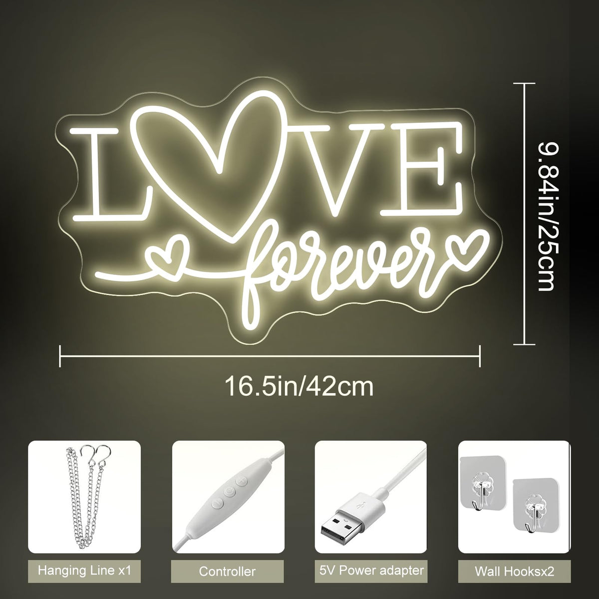 Love Forever Heart Neon Sign, Wedding Party LED Neon Light Valentine's Day Wedding Backdrop Decor Gift For Lover Valentine's Day Gift, LED Romantic Light, Couple Space Accent-Warm White-16.5"