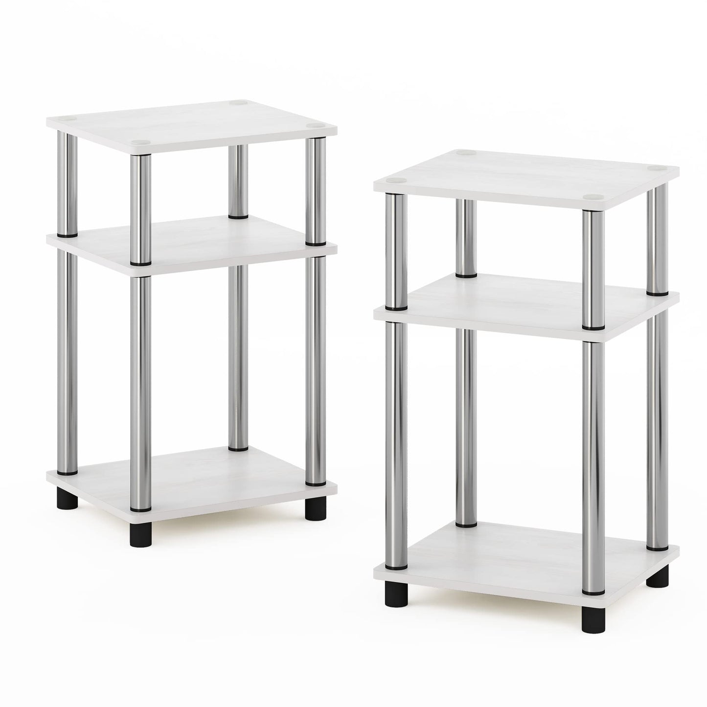 Furinno JUST Side Table Set of 2, 3-Tier Modern End Tables, Toolless Assembly Night Stand, Nightstand, Toolless Assembly, for Living Room, Bedroom, White Oak/Stainless Steel