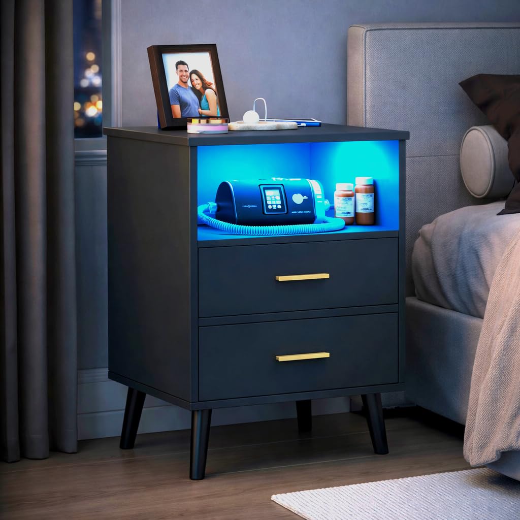 LVSOMT Black Bedroom Nightstand with Charging Station and LED Lights, Modern Bedside Table with Hidded Drawer, Smart Night Stand with Open Storage Shelf, USB Port, Metal Legs