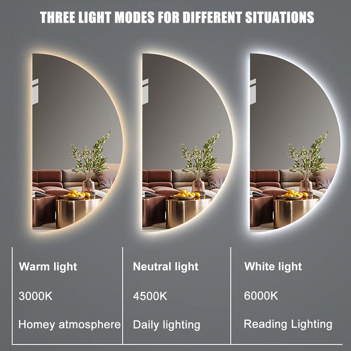 Half Moon LED Bathroom Mirror, Semi Circle Wall Mirror with Anti-Fog, Half Circle Frameless Mirror with Dimmable Brightness for Living Room, Cloakroom, Entryway