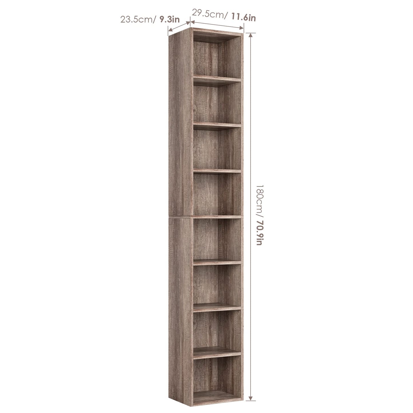 FOTOSOK 8-Tier Media Tower Rack, 11.6 X 9.3 X 70.9 Inches CD DVD Slim Storage Cabinet with Adjustable Shelves, Tall Narrow Bookcase Display Bookshelf for Home Office, Oak