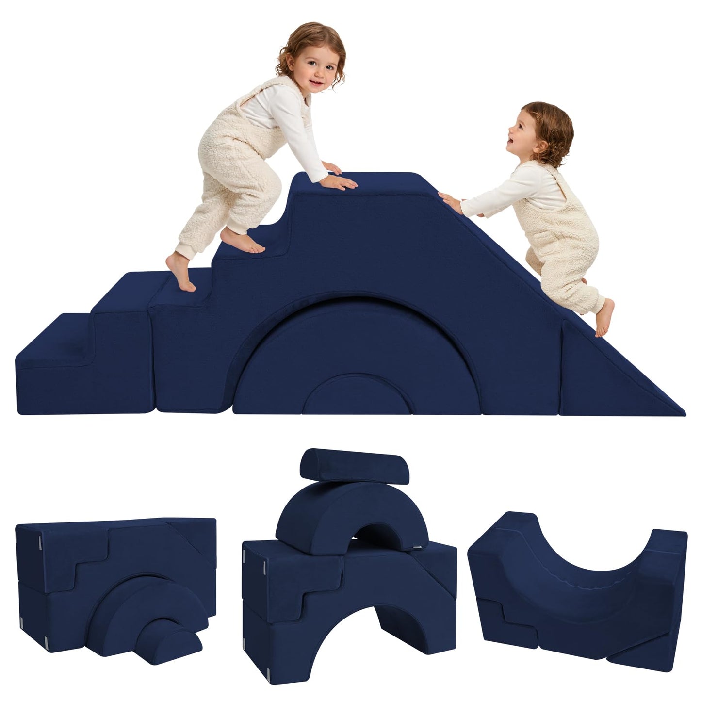 MeMoreCool Modular Kids Sofa, Foam Couch Sofa with Slide & Stair Design, Convertible Kids Couch for Playroom, Sectional Child Furniture for Bedroom Living Room, Navy