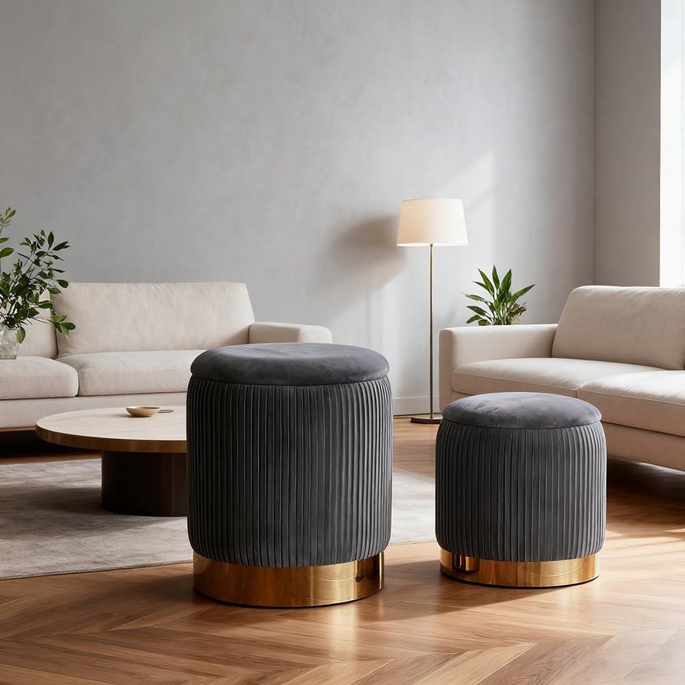 2BYF Round Ottoman with Storage Set of 2 Upholstered Velvet Vanity Stool Small Ottoman Coffee Table, Foot Stool, Removable Lid, for Living Room, Bedroom, Hallway, Easy Assembly (Gray)