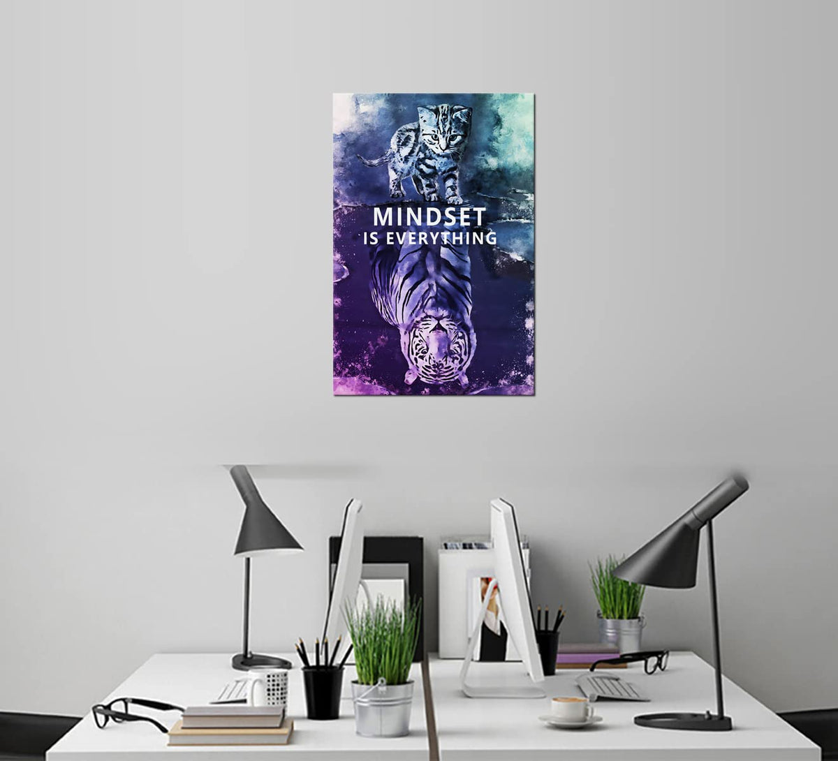 Mindset is Everything Cat and Tiger Canvas Wall Art Pictures Print Wall Art Inspirational Poster Picture Wall Painting Modern Abstract Motivational Artwork Decor Home Living Room Office[12''W X 18''H]