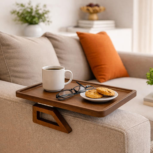 KANDOHAUS Sofa Table Tray - Bamboo Couch Armrest Table Universal Fit - Sofa Table With Non-Slip Pads to Keep Things in Place -13 x 9.5 Inch – Armrest tray table for couch – (Brown)