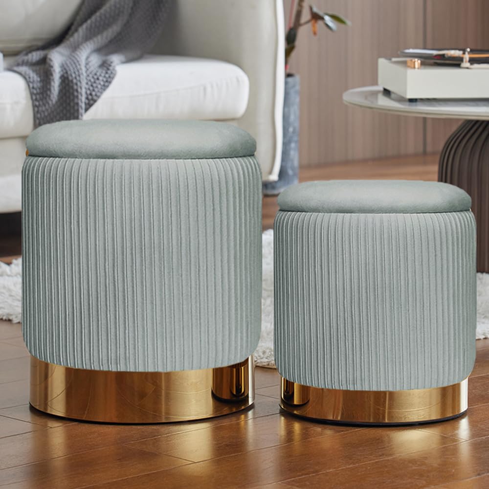 2BYF Round Ottoman with Storage Set of 2 Upholstered Velvet Vanity Stool Small Ottoman Coffee Table, Foot Stool, Removable Lid, for Living Room, Bedroom, Hallway, Assembly Free (Light Grey)