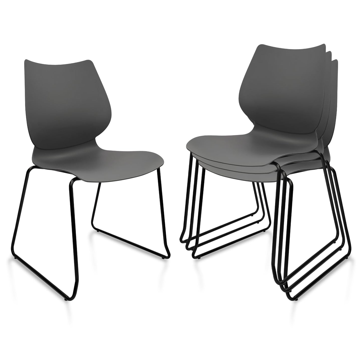 KLASIKA Stacking Waiting Room Chairs, Stacked Plastic Office Chair with Ergonomic Lumbar Support and Metal Legs for Conference School Church Guest Reception Set of 4, Grey