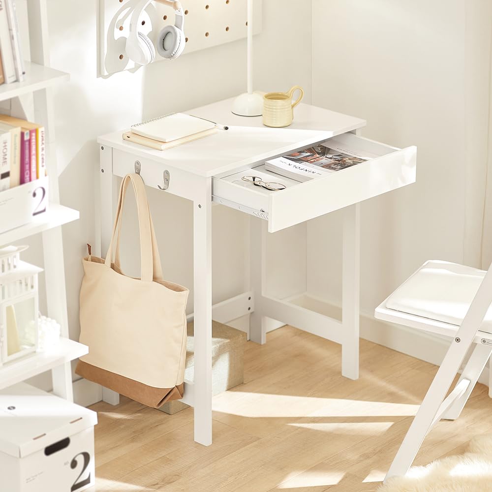 Haotian Small Desk with Drawers, Mini Writing Table, Vanity Table Computer Workstation Children Teenagers Desk with Hooks, White FWT43-W