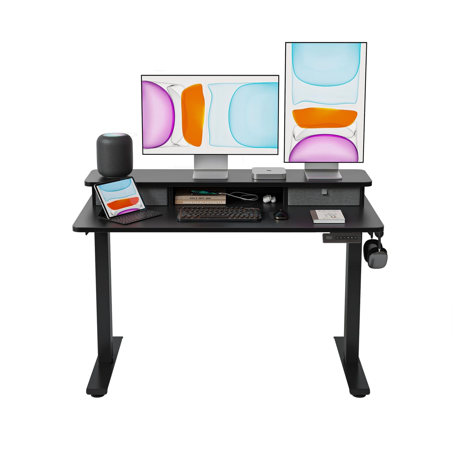 BANTI 48x24 Inch Electric Standing Desk with Dual Drawers, Height Adjustable Stand Up Table, Sit Stand Home Office Desk with Storage Shelf, Black Frame/Black Top