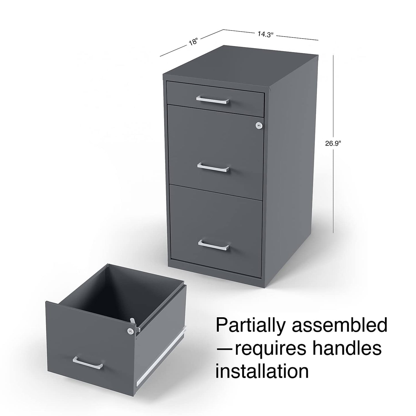 Staples 3-Drawer Vertical File Cabinet, Letter Size Documents, Lockable & Mobile, 18.9" D x 14.3" W x 26.8" H, Charcoal