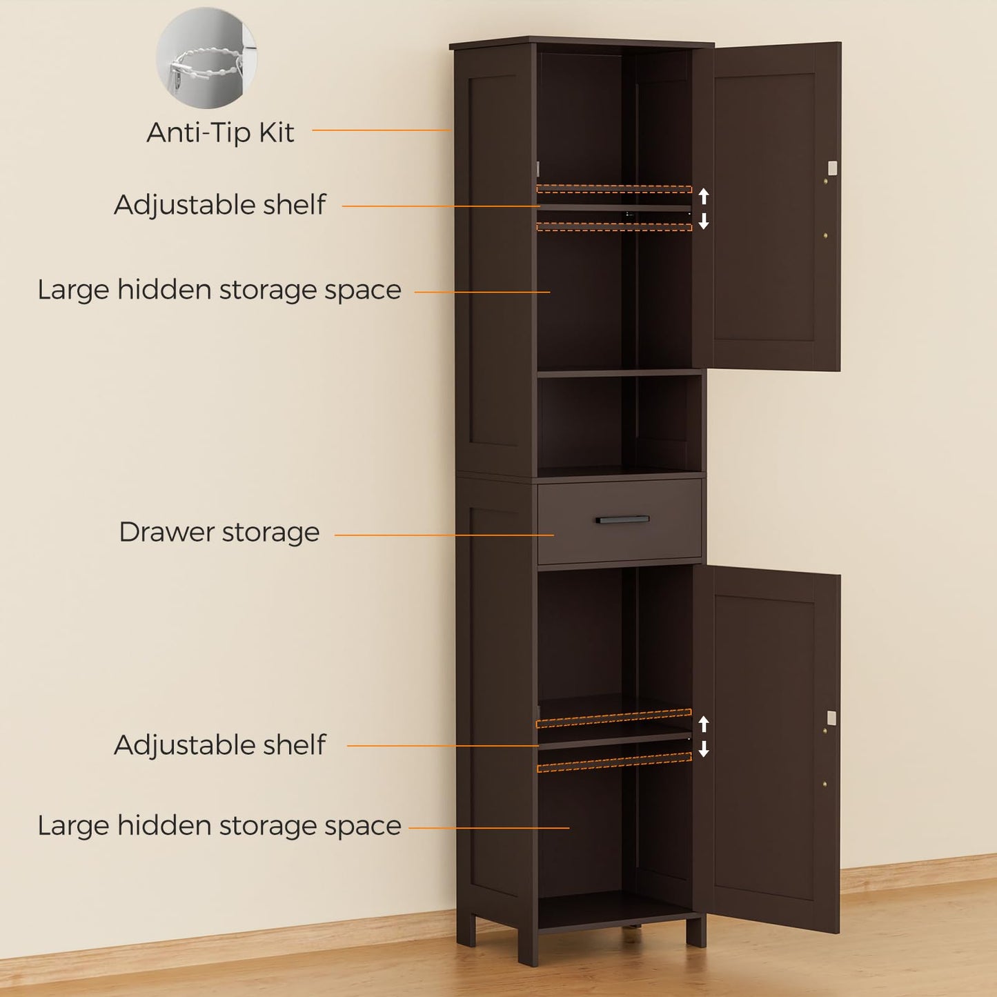 Homhedy 67" H Tall Bathroom Storage Cabinet with 2 Barn Doors and 1 Drawer, Narrow Storage Unit, Adjustable Shelves, Floor Cabinet for Bathroom, Living Room, Entryway, Kitchen, Brown, (15.7" W)