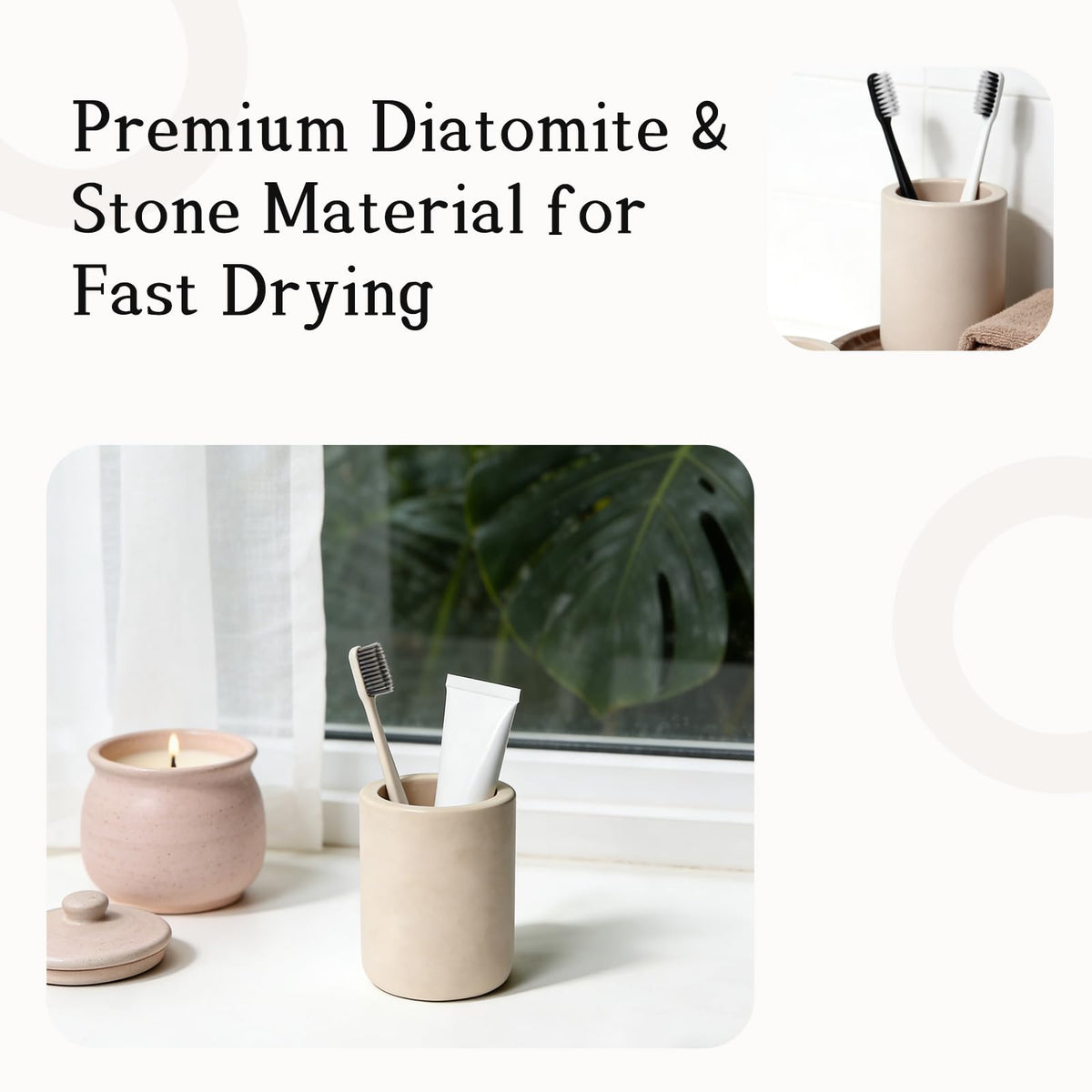 2 Pack Beige Diatomite Toothbrush Holder, Stone Toothbrush Holder for Bathroom, Fast-Drying Countertop Organizer for Electric Toothbrushes, Toothpaste & Cups