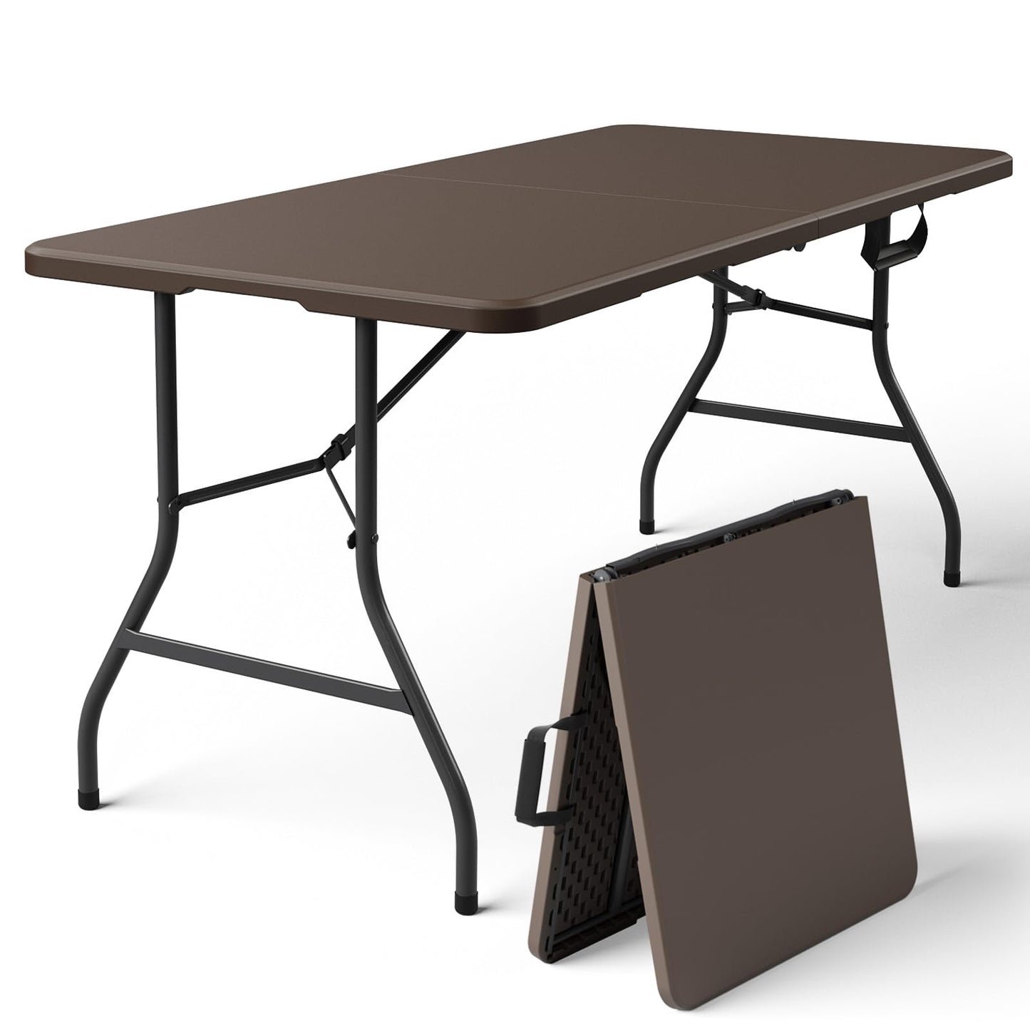 MAKE CHANGES Folding Table 5FT Heavy Duty Plastic Table with Handle, Foldable&Portable, Fold-in-Half Utility Tables for Outdoor, Dining, Wedding, Events, Indoor, Picnic, Camping, Party, Brown