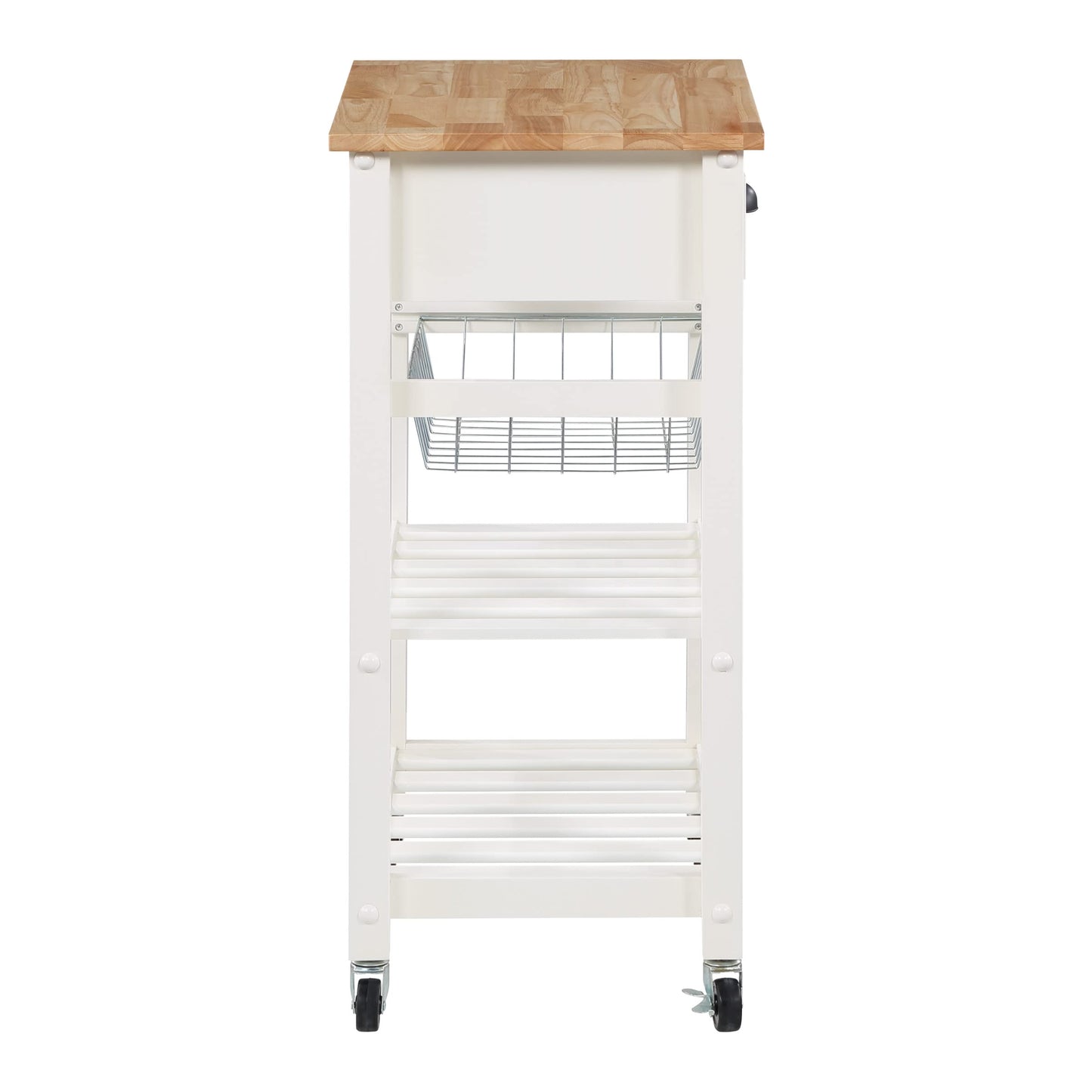 OSP Home Furnishings Hampton Kitchen Cart with Wood Top, Utensil Drawer, Under Cabinet Basket, and 2 Slatted Shelves, White Base