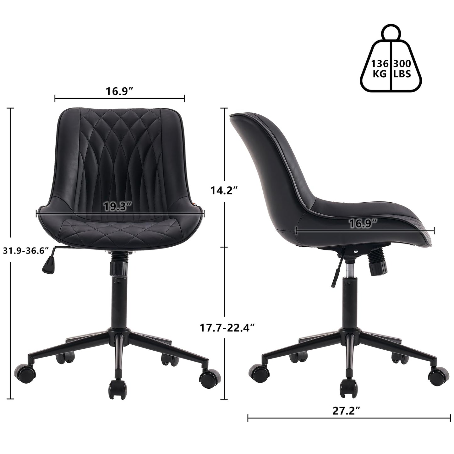 YOUNIKE Black Faux Leather Ergonomic Office Chair Armless Comfy Desk Chair with Rocking Back Cute Swivel Vanity Chair with Wheels Height Adjustable Small Computer Task Chair for Sewing Drafting