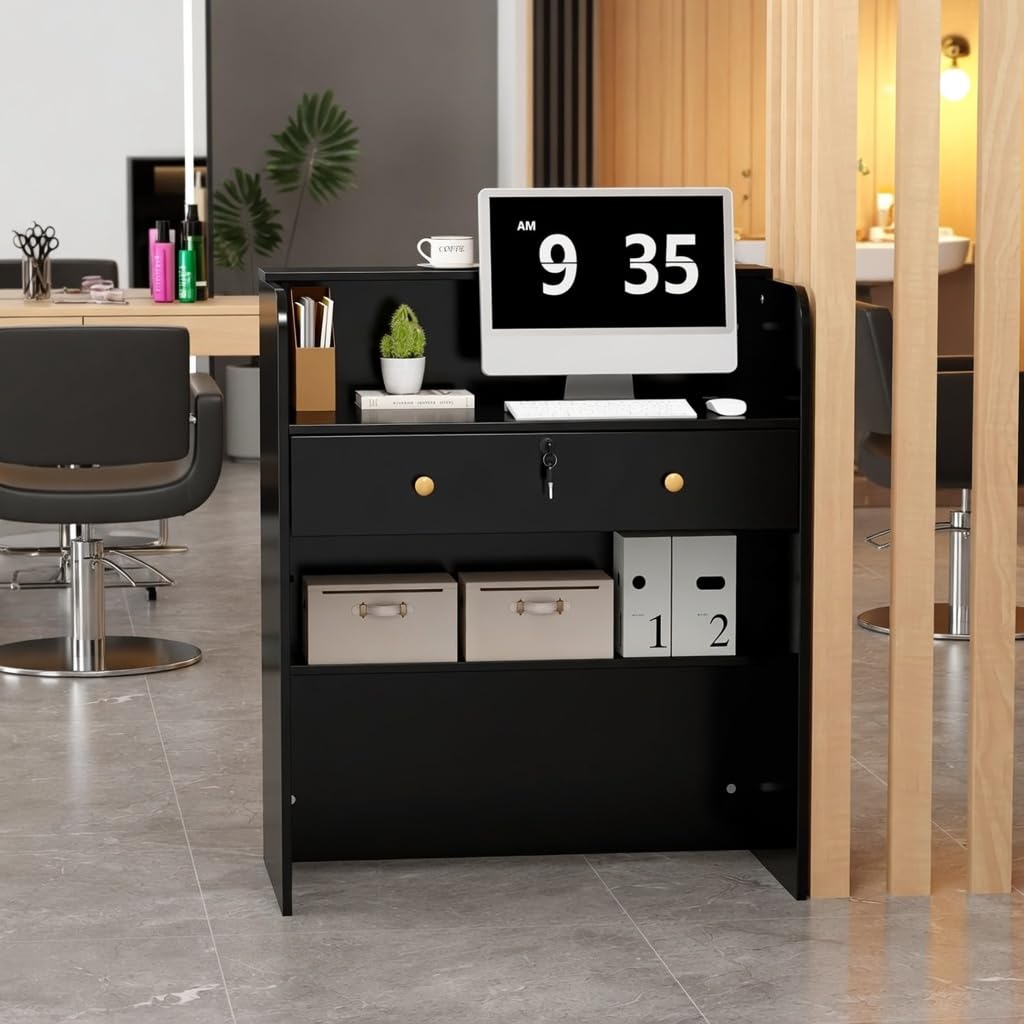 wupeiaoo Reception Desk with Counter, Modern Black Reception Desk with Drawers, Front Retail Counter for Checkout, Lobby, Beauty Salon, Home Office