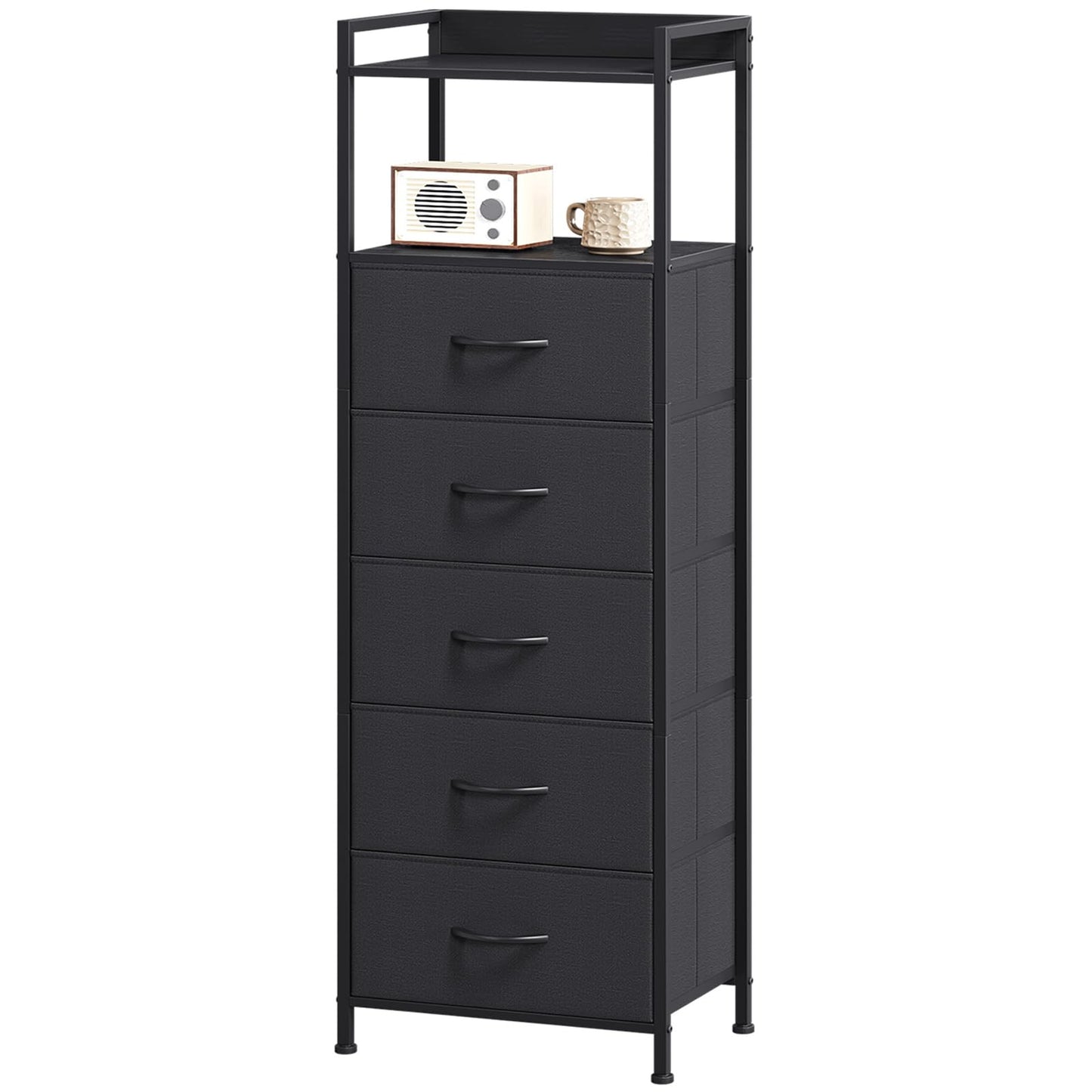 Somdot Tall Dresser for Bedroom, 5 Drawers Nightstand Vertical Storage Tower Unit, Night Stand Furniture with Fabric Drawer Organizer in Bedside Hallway, Entryway, Kids Room, Closet, Black