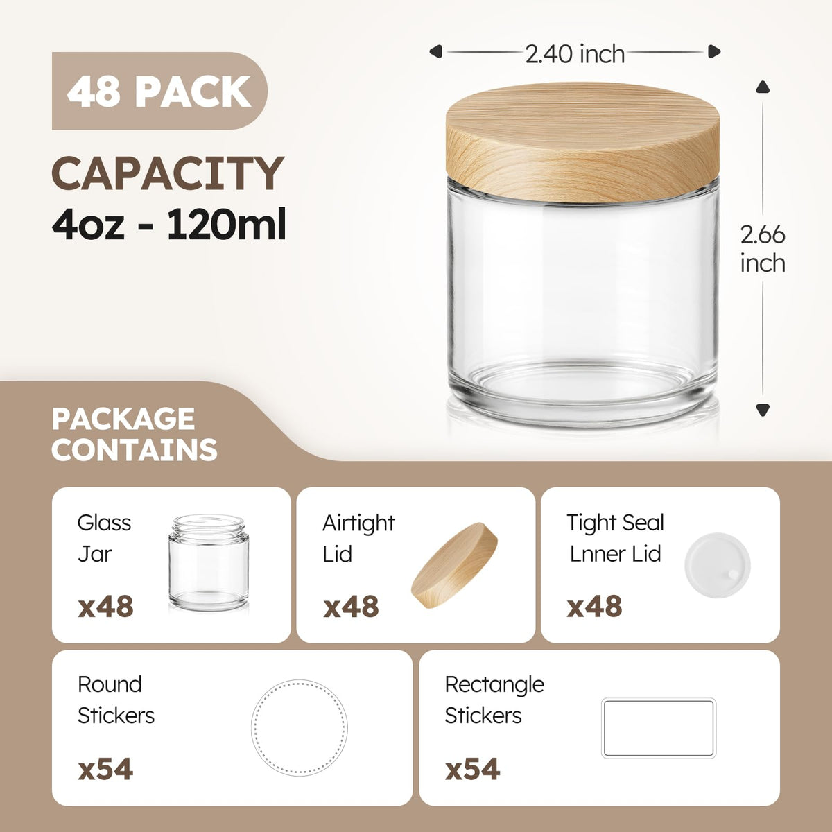 4 oz Glass Jar with Lids, 48 Pack Small Glass Candle Jars with Lids & Sticker, Empty Cosmetic Containers for Sample, Cream, Spice, Lotion, Ointments（Plastic Woodgrain）