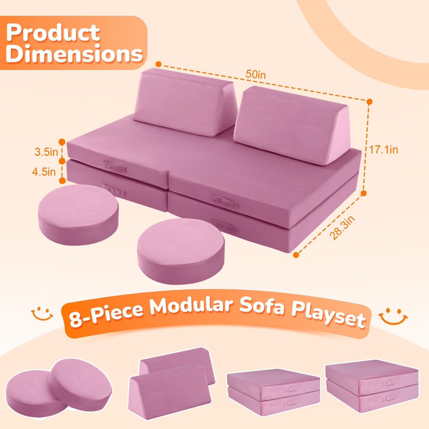 MeMoreCool Kids Couch, Dusty Rose Modular Foam Play Couch, Ages 3+