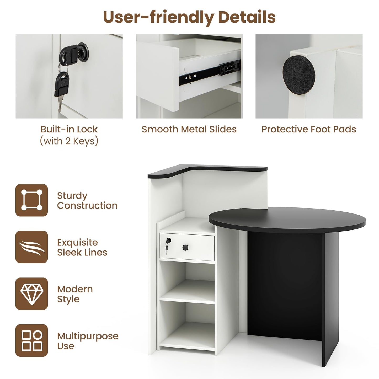 CHEFJOY Reception Desk, Retail Checkout Counter w/Lockable Drawer & Open Shelves, Computer Workstation, Small Front Desk Reception Counter for Company Lobby Store Salon Office (Black & White)