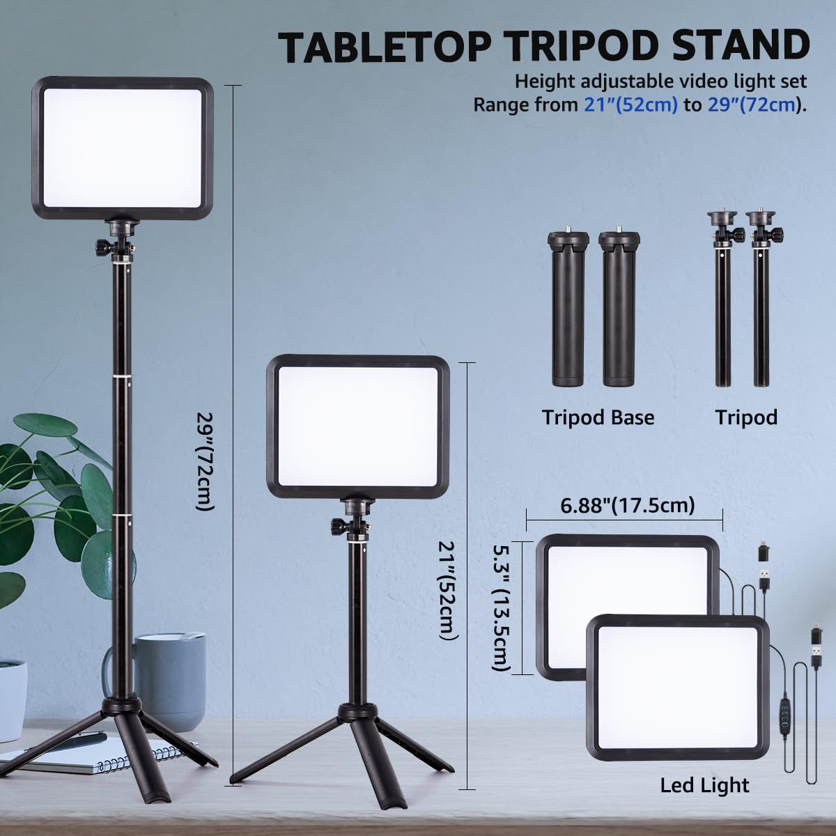 NiceVeedi LED Photography Lighting Kit, 2-Pack 8” Portable Video Light with 29" Adjustable Tripod Stand, 2800K-6500K Dimmable Softlight Studio Light for Zoom, Game Streaming, YouTube