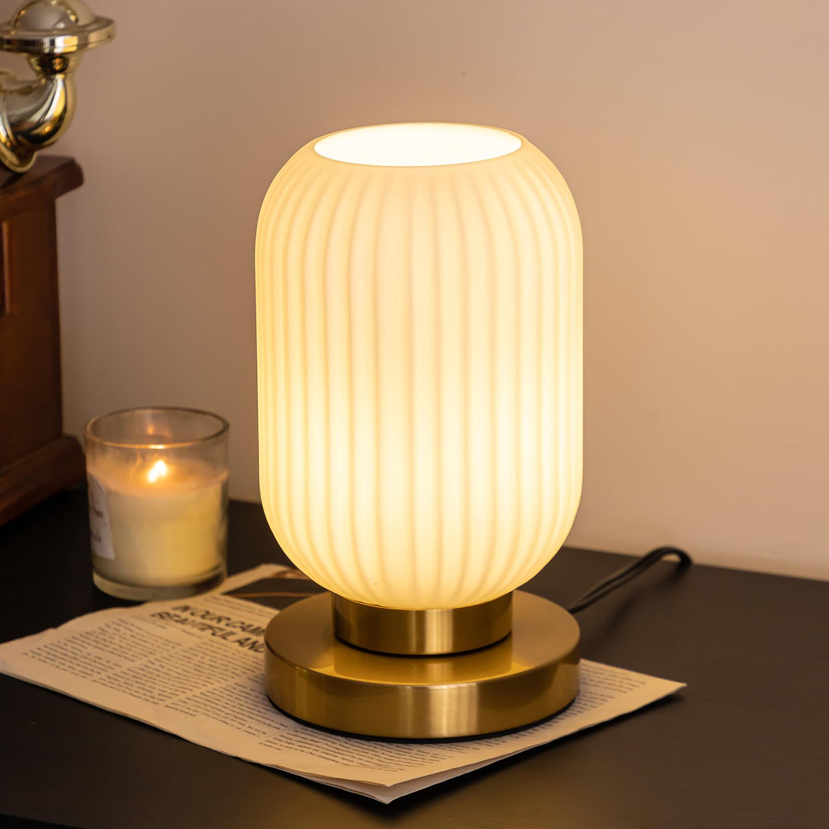 HSMKL Modern Ribbed Glass Table Lamps Mid Century Bedside Light Small Nightstand Lamp with Plug-in Style, E26 Ambient Lighting for Bedroom Living Room Tabletop, Milky White