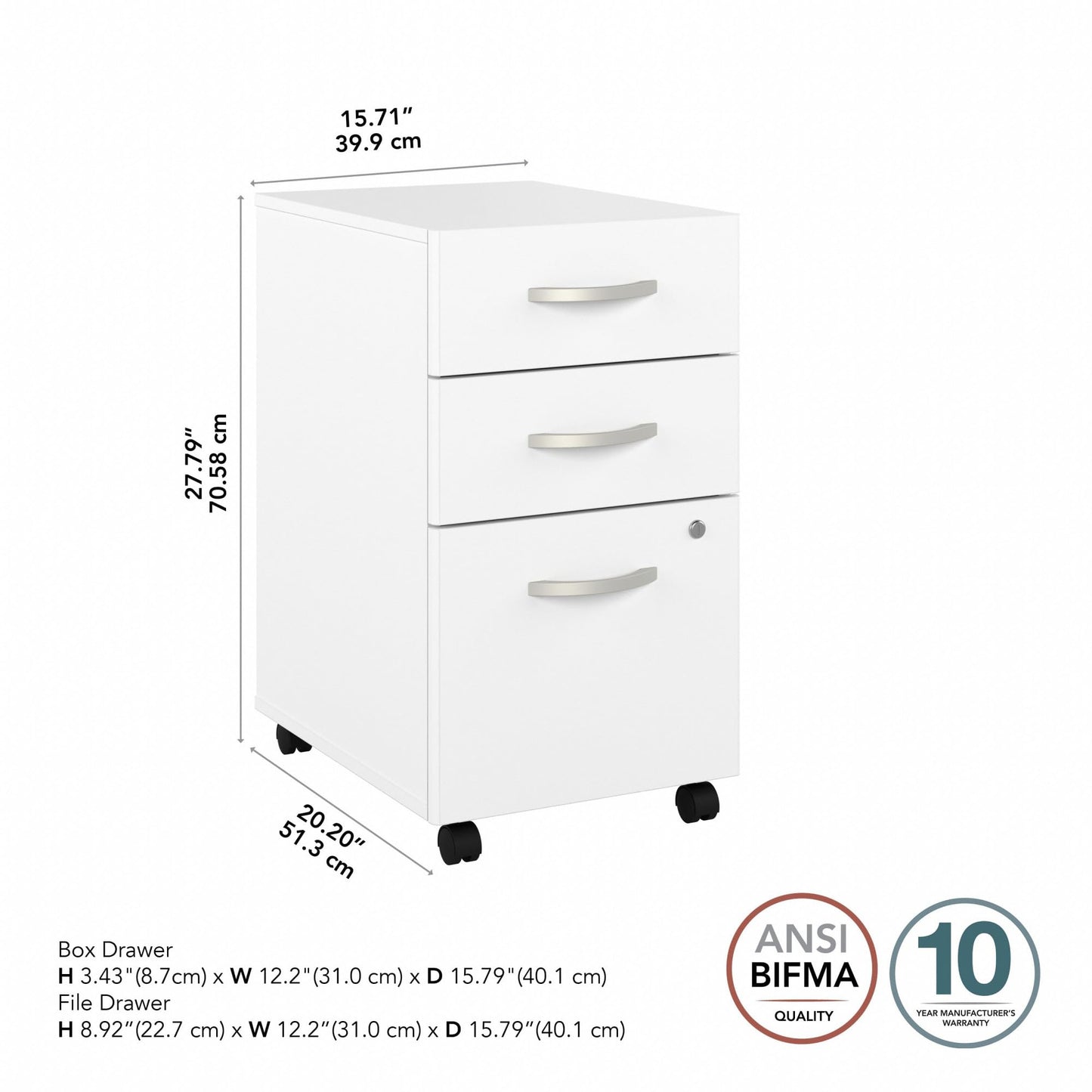 Bush Business Furniture Studio C 3 Drawer Mobile File Cabinet in White | Assembled Office Storage Unit for Home or Commercial Spaces