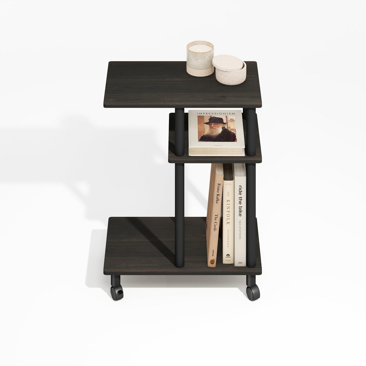 Furinno Turn-N-Tube Side Table, 3-Tier C-Shape End Table with Wheels, Toolless Assembly Night Stand, Bedside Table with Open Shelf, for Living Room, Bedroom, Black Espresso