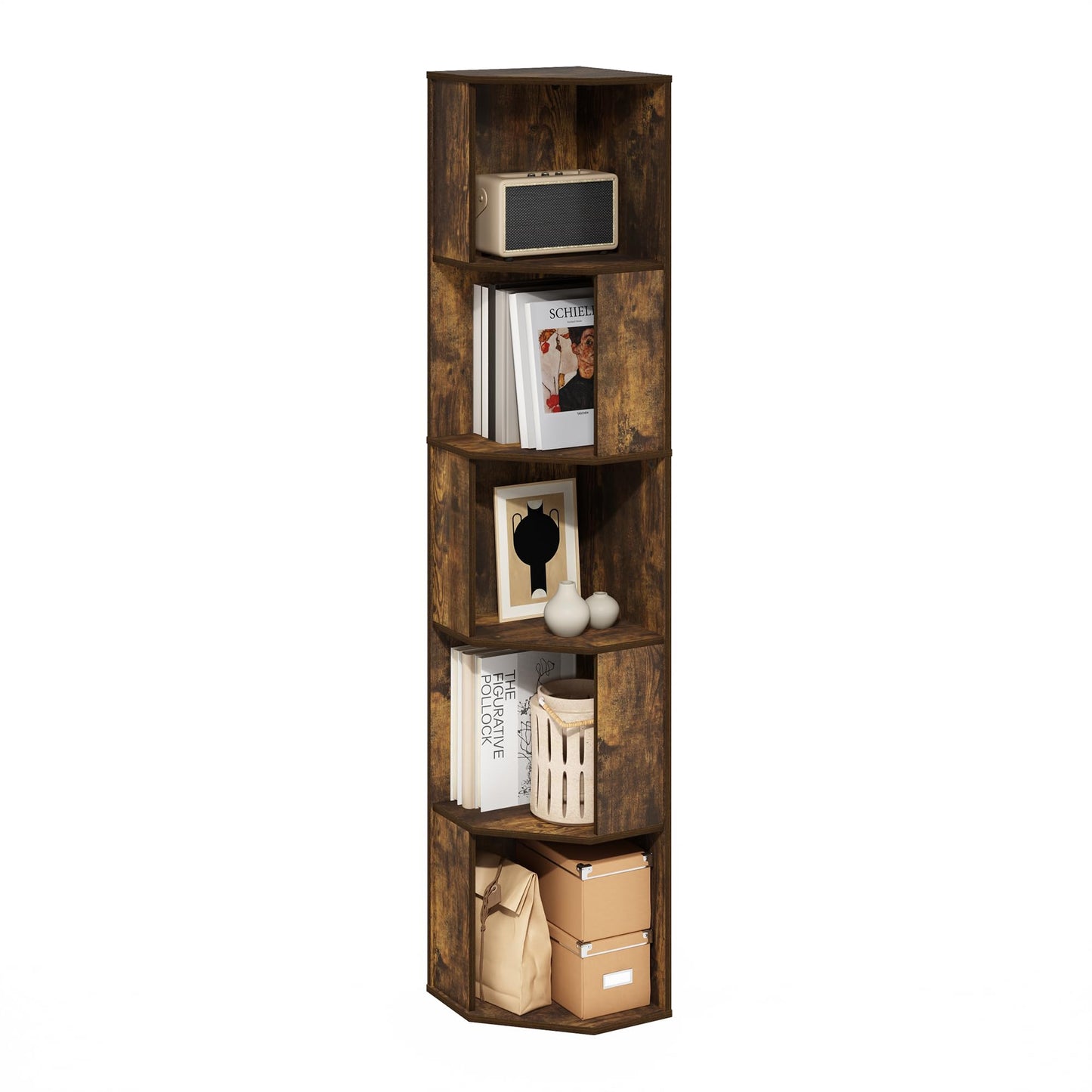 Furinno ECON Corner Shelf, 5-Tier Corner Book Shelf, Standing Storage Shelves, Cube Display Rack, Bookshelf, for Organization and Storage, Living Room, Home Office, Amber Pine