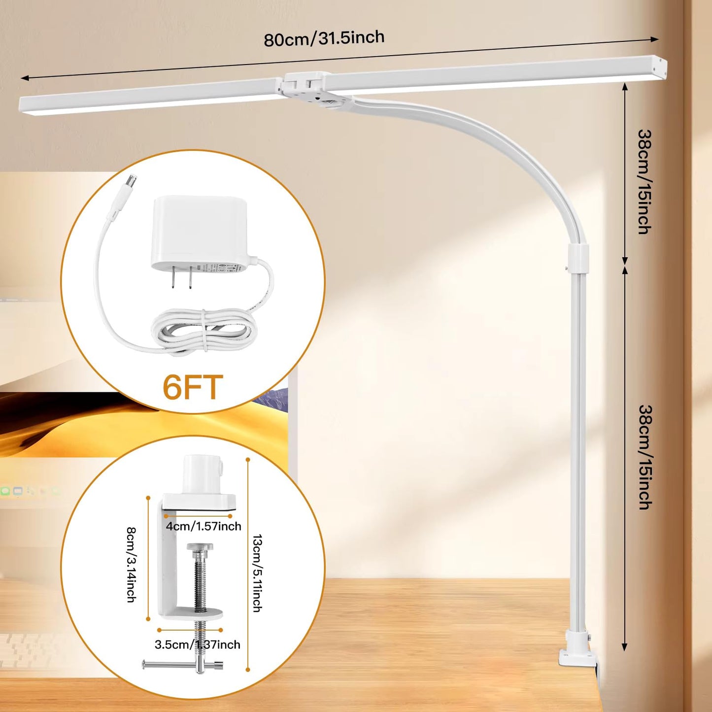 OptiLite Clamp-On LED Desk Light (White) – Adjustable Brightness Task Lamp with Flexible Arm, Touch Controls, and Sleek Modern Design for Home or Office Desks