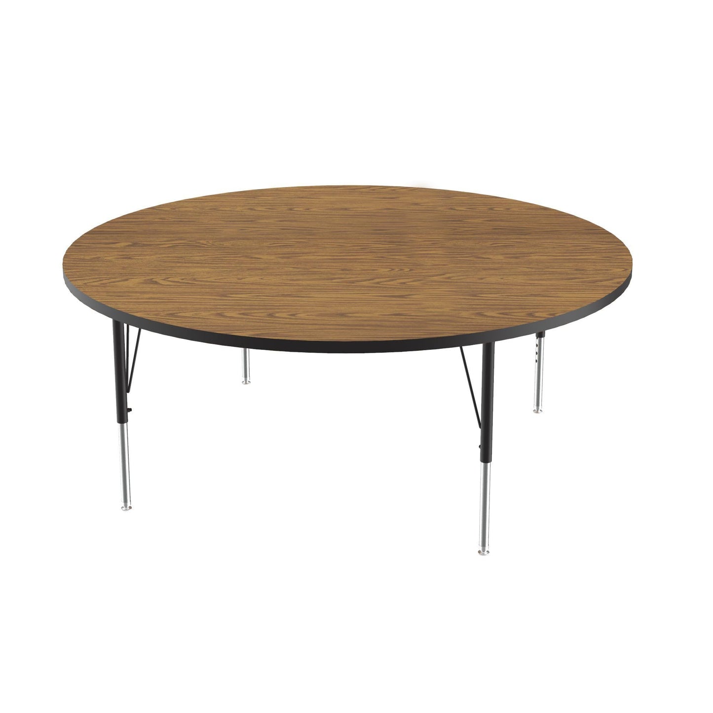 Correll 48" Round Econoline Classroom Activity Table, Medium Oak Melamine Top, Height Adjustable (19"-29"), Black/Chrome Legs, School Furniture, Made in The USA
