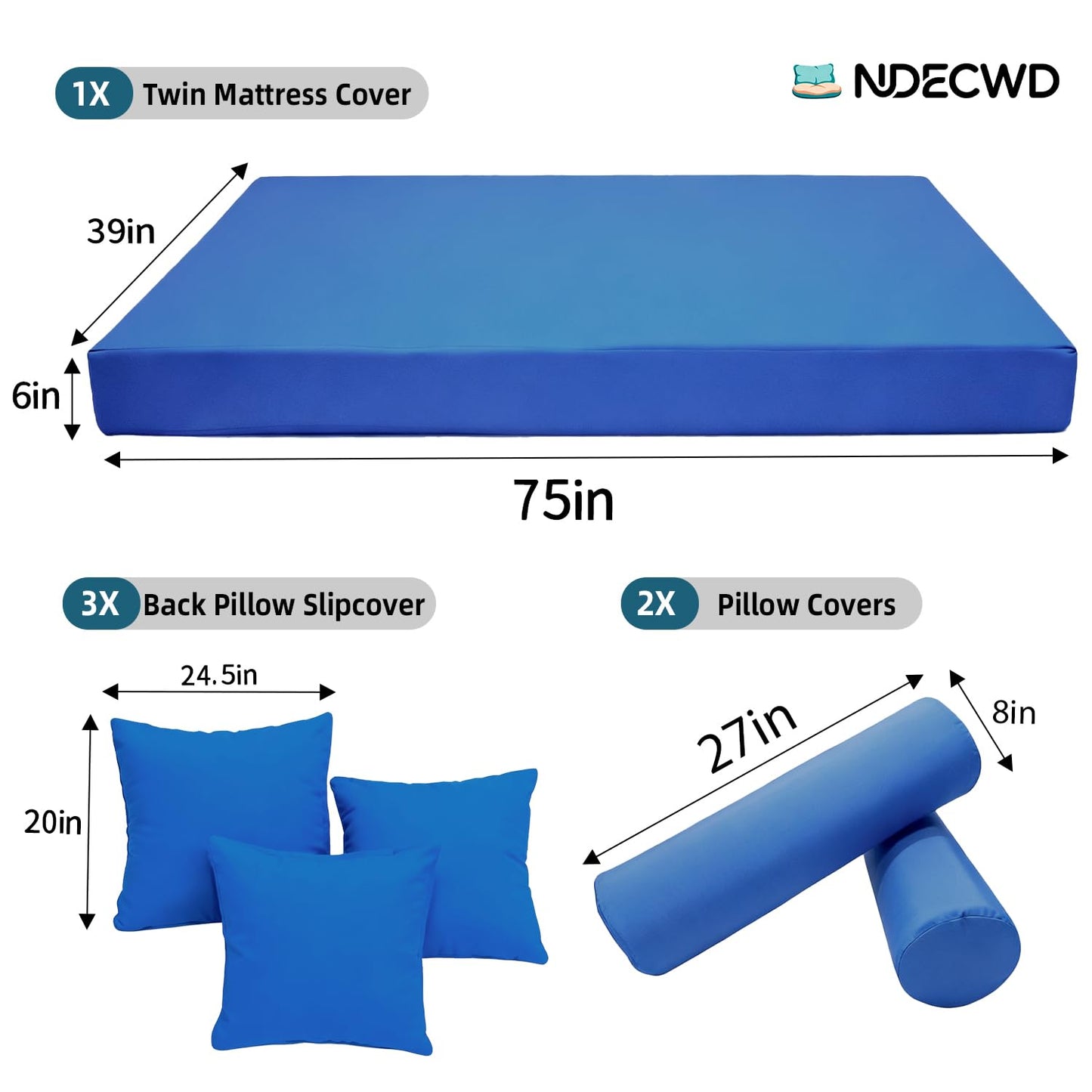 Twin Size Daybed Cushion Cover, Water-Repellent Porch Swing Mattress Slipcover (Fits 6" Depth), Heavy-Duty UV Resistant Patio Bed Protector with U-Shaped Zipper, Cover Only (Sky blue, 75*39*6in)