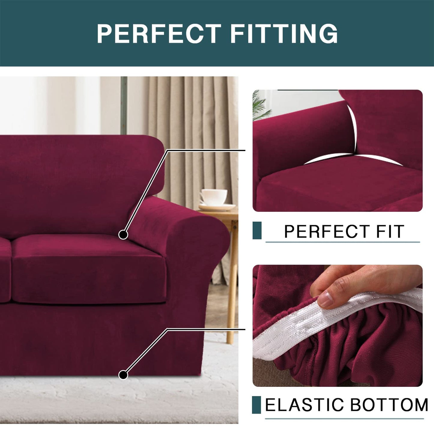 FantasDecor 3 Piece Sofa Covers Velvet for 2 Cushion Couch Stretch Loveseat Slipcover with Individual Seat Elastic Furniture Protector for Pets (Loveseat,Burgundy)