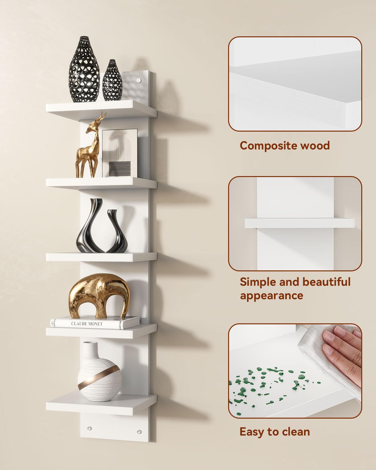 IBUYKE 5 Tier Wall Shelf Unit,White Vertical Shelf,Floating Storage Wall Shelf,Organizer Tall Tower Design Decorative Wall Mount Shelving for Home, Bedroom,Living Room,Office Decor WBC009W