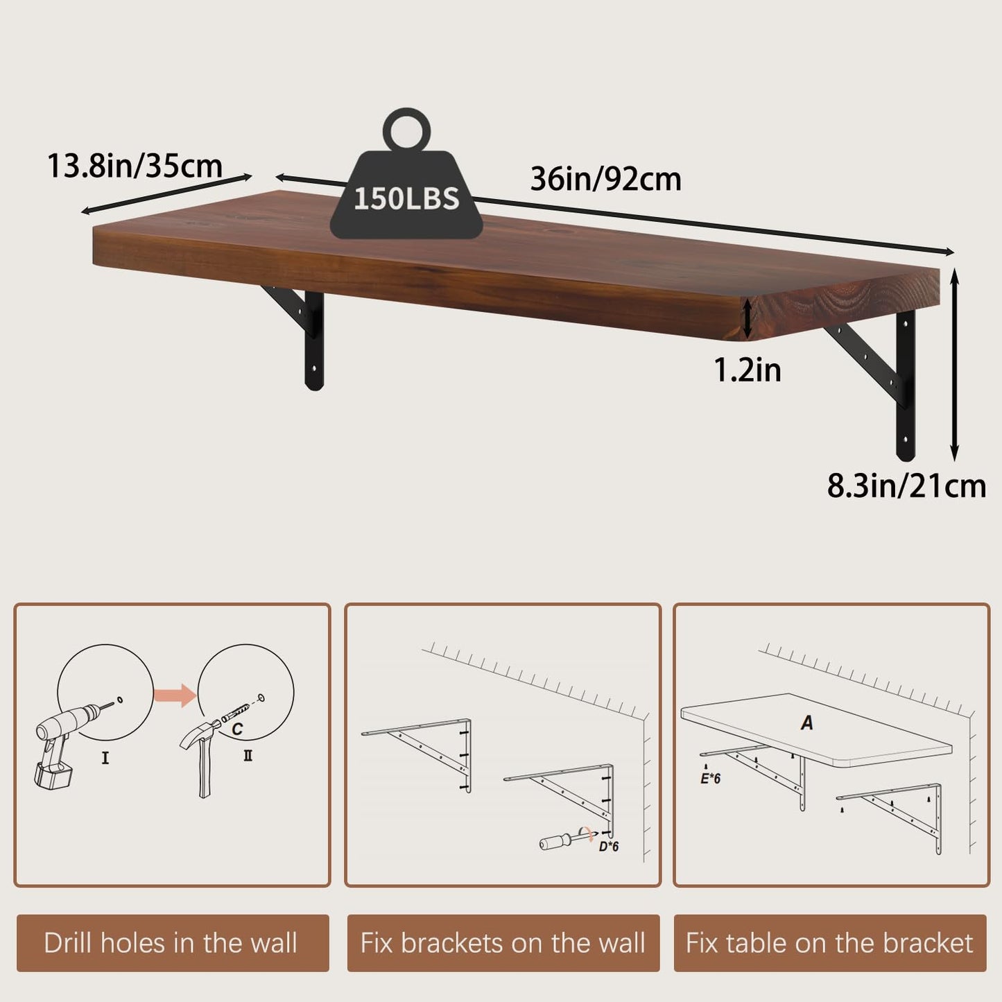 ONOTETUT Floating Wall Desk for Home Office,Wall Mounted Table with Pine Wood,36 Inch Workbench for Garage,Work Table with Heavy Duty Brackets for Kitchen,Dining,Laundry,Floating Shelf for Wall