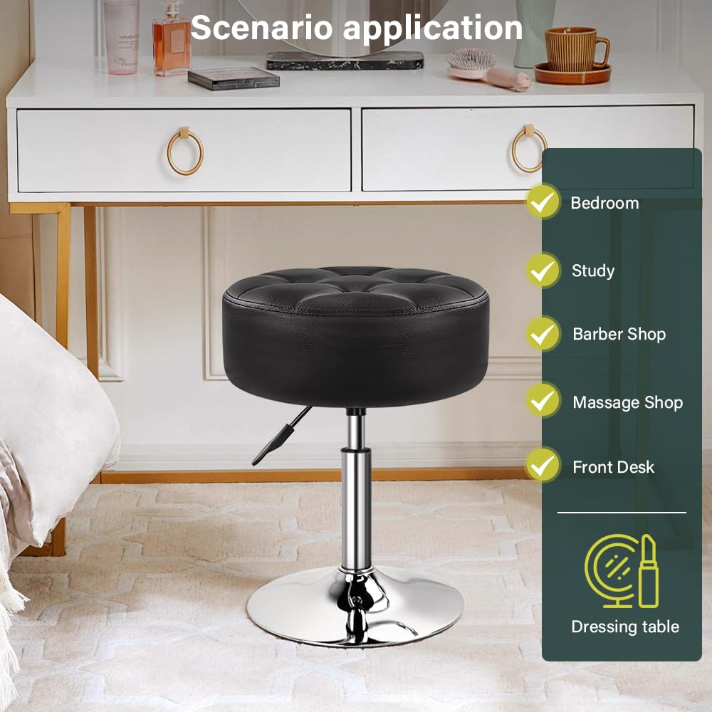 BFTOU Black 4.9-inch Thickened Vanity Stool Round PU Leather Swivel Height Adjustable Makeup Chair Ottoman for Bedroom Living Room SPA Salon Shop Small